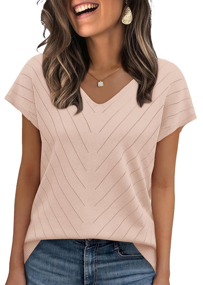 WIHOLL Short Sleeve Sweater for Women V Neck Trendy Summer Tops 2025 Beach Vacation Clothes Travel Business Casual Outfits - 7DAY'S