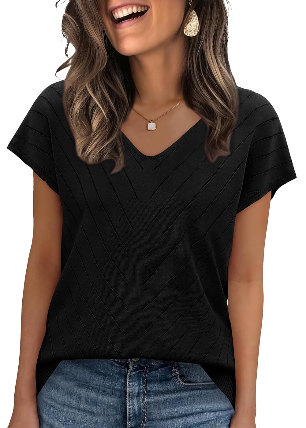 WIHOLL Short Sleeve Sweater for Women V Neck Trendy Summer Tops 2025 Beach Vacation Clothes Travel Business Casual Outfits - 7DAY'S