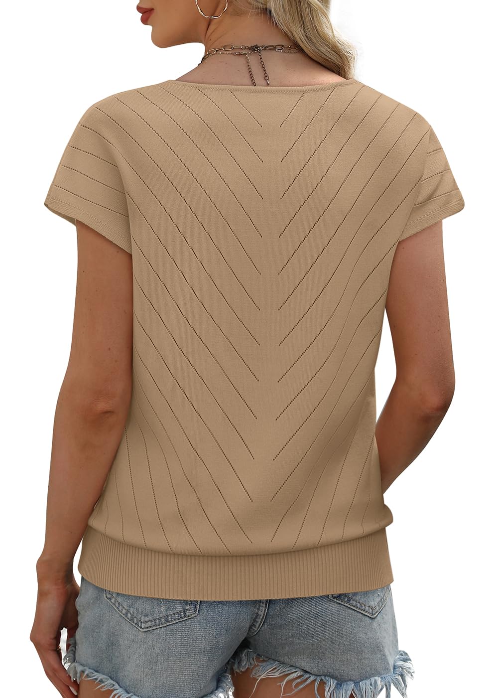 WIHOLL Short Sleeve Sweater for Women V Neck Trendy Summer Tops 2025 Beach Vacation Clothes Travel Business Casual Outfits - 7DAY'S