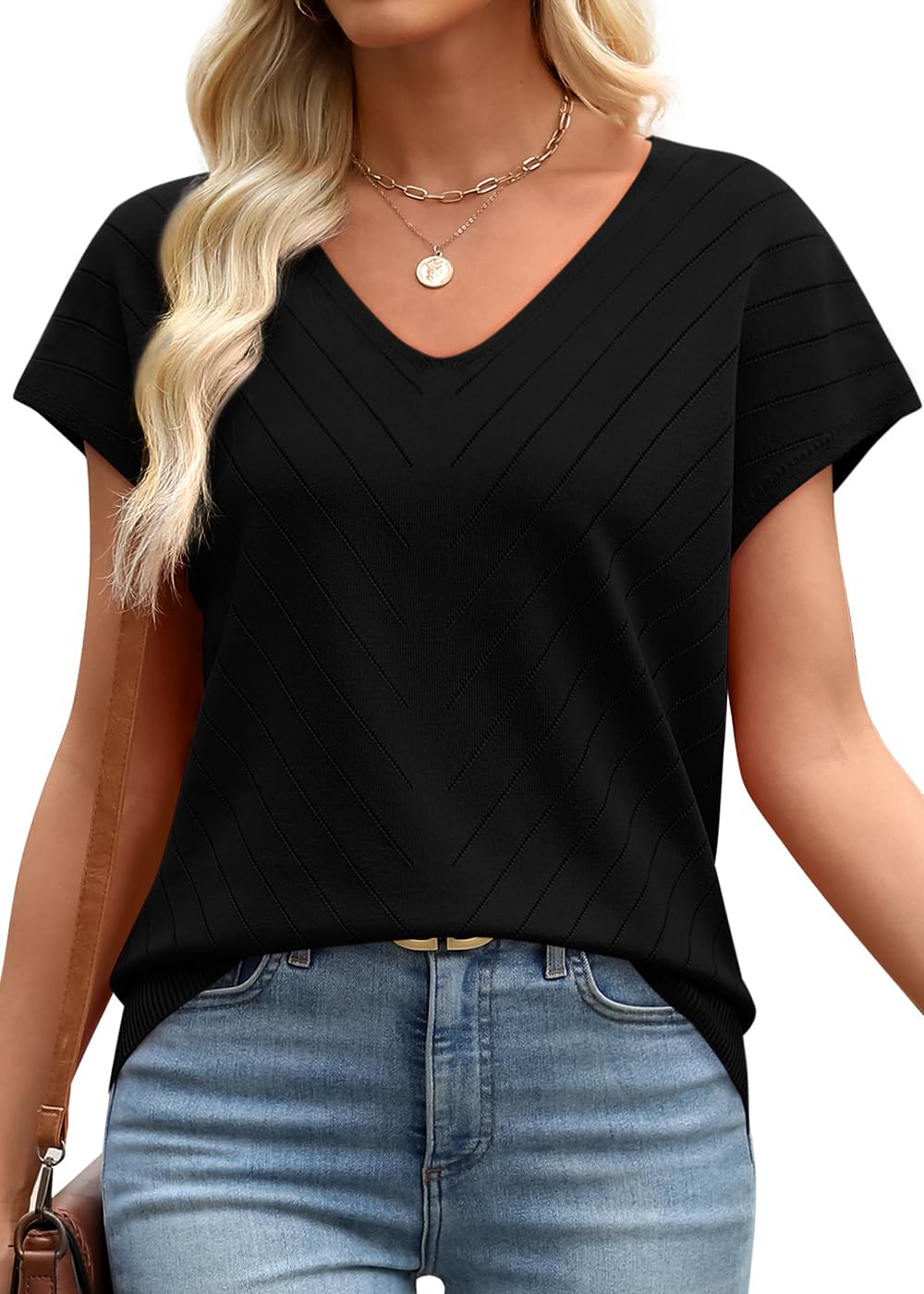 WIHOLL Short Sleeve Sweater for Women V Neck Trendy Summer Tops 2025 Beach Vacation Clothes Travel Business Casual Outfits - 7DAY'S