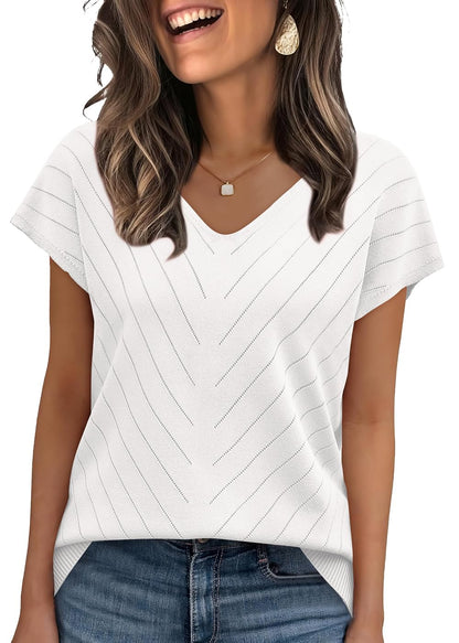 WIHOLL Short Sleeve Sweater for Women V Neck Trendy Summer Tops 2025 Beach Vacation Clothes Travel Business Casual Outfits - 7DAY'S