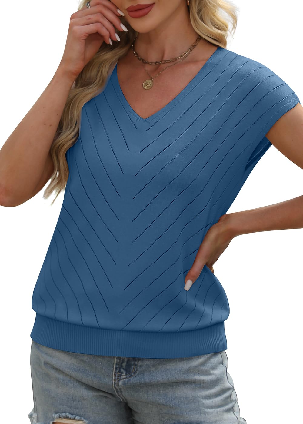 WIHOLL Short Sleeve Sweater for Women V Neck Trendy Summer Tops 2025 Beach Vacation Clothes Travel Business Casual Outfits - 7DAY'S