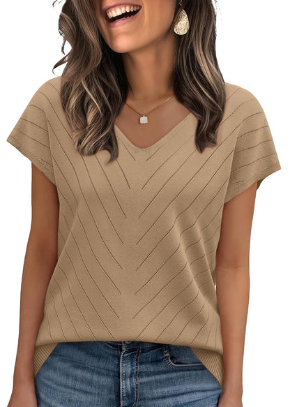 WIHOLL Short Sleeve Sweater for Women V Neck Trendy Summer Tops 2025 Beach Vacation Clothes Travel Business Casual Outfits - 7DAY'S