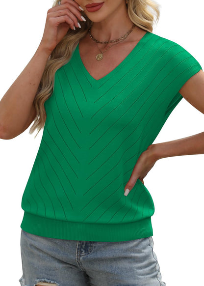 WIHOLL Short Sleeve Sweater for Women V Neck Trendy Summer Tops 2025 Beach Vacation Clothes Travel Business Casual Outfits - 7DAY'S