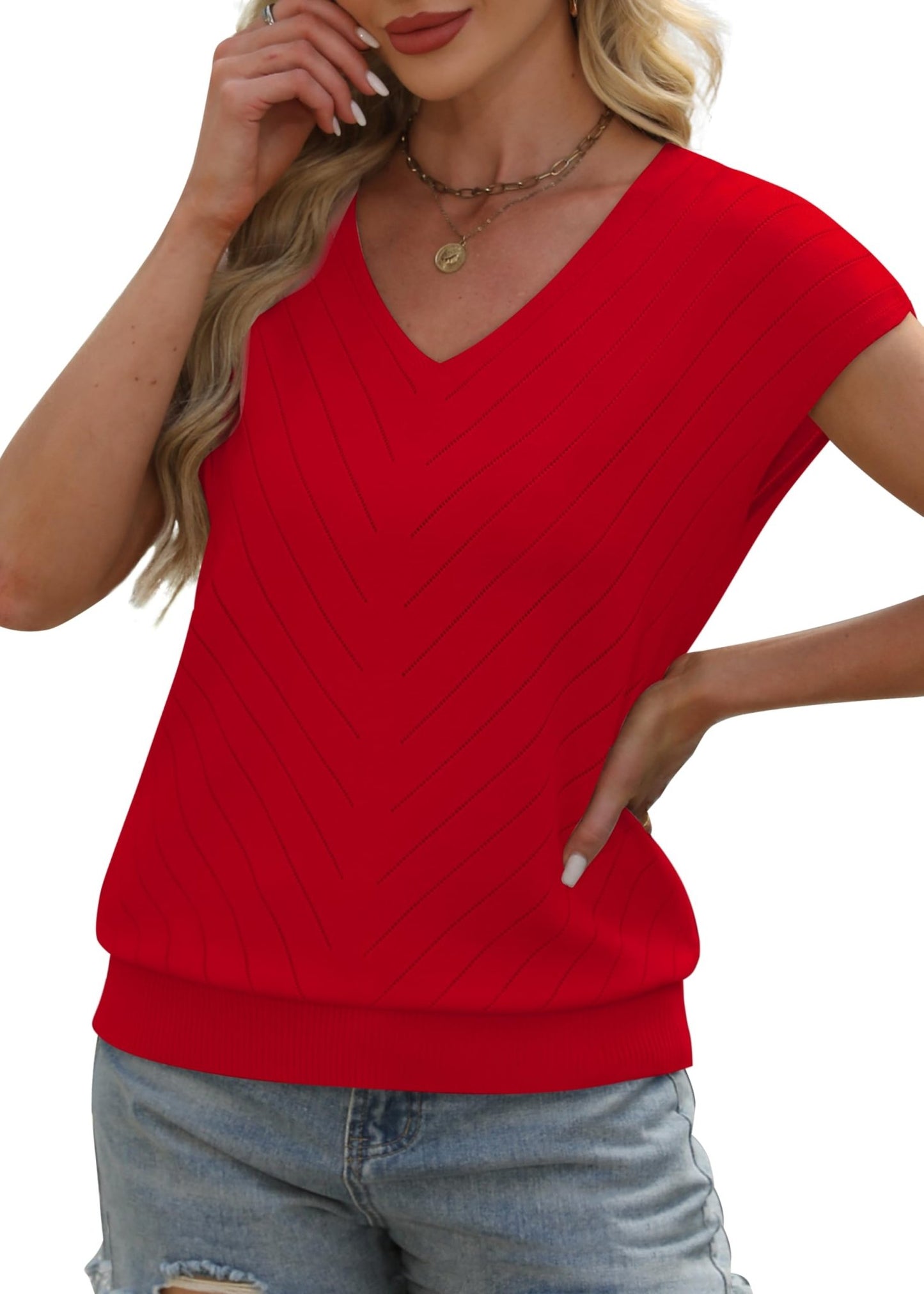 WIHOLL Short Sleeve Sweater for Women V Neck Trendy Summer Tops 2025 Beach Vacation Clothes Travel Business Casual Outfits - 7DAY'S