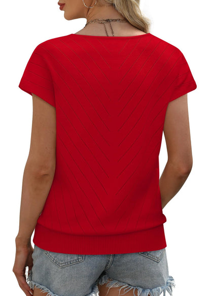 WIHOLL Short Sleeve Sweater for Women V Neck Trendy Summer Tops 2025 Beach Vacation Clothes Travel Business Casual Outfits - 7DAY'S