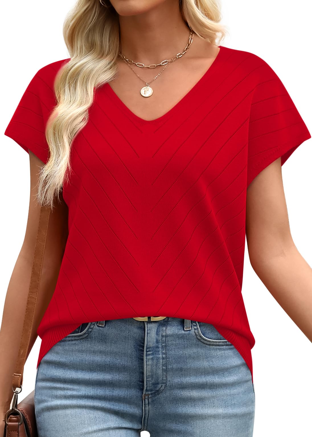 WIHOLL Short Sleeve Sweater for Women V Neck Trendy Summer Tops 2025 Beach Vacation Clothes Travel Business Casual Outfits - 7DAY'S