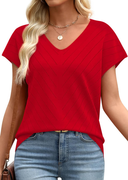 WIHOLL Short Sleeve Sweater for Women V Neck Trendy Summer Tops 2025 Beach Vacation Clothes Travel Business Casual Outfits - 7DAY'S