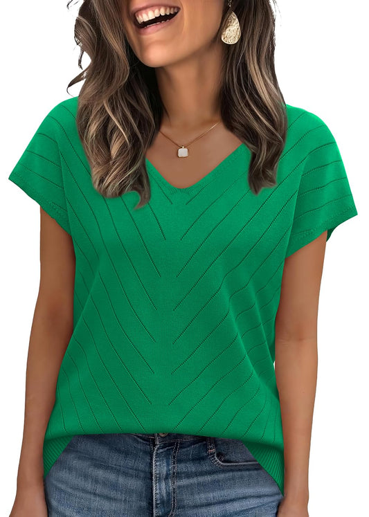 WIHOLL Short Sleeve Sweater for Women V Neck Trendy Summer Tops 2025 Beach Vacation Clothes Travel Business Casual Outfits - 7DAY'S