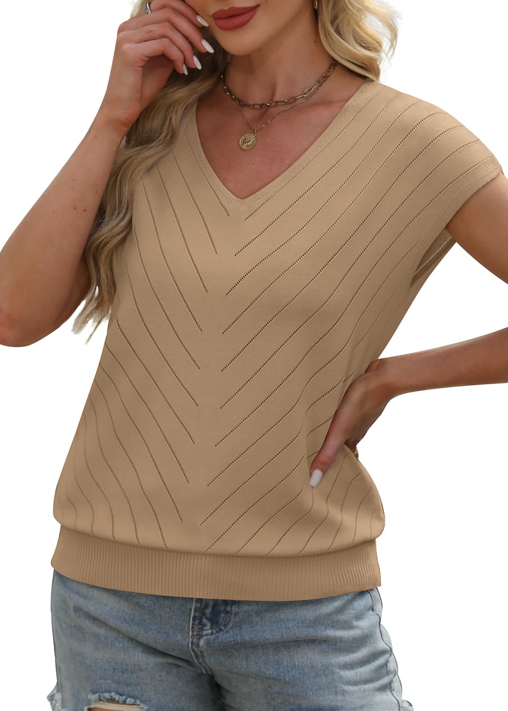 WIHOLL Short Sleeve Sweater for Women V Neck Trendy Summer Tops 2025 Beach Vacation Clothes Travel Business Casual Outfits - 7DAY'S