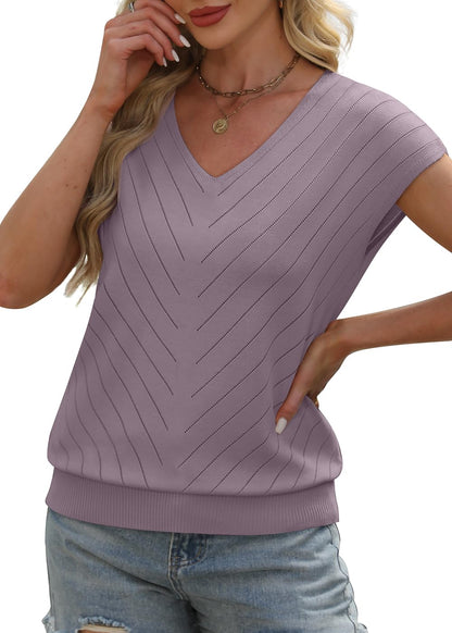 WIHOLL Short Sleeve Sweater for Women V Neck Trendy Summer Tops 2025 Beach Vacation Clothes Travel Business Casual Outfits - 7DAY'S