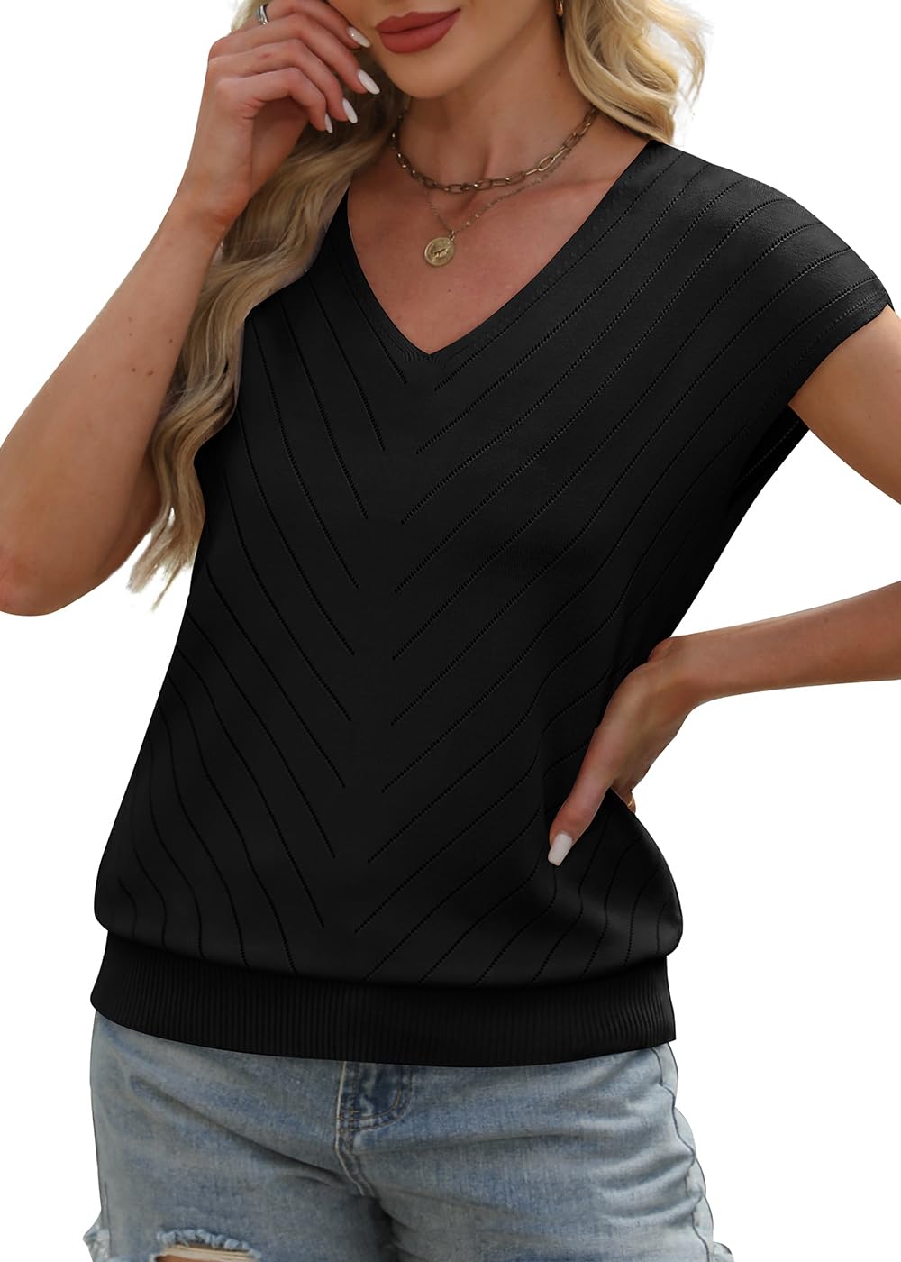WIHOLL Short Sleeve Sweater for Women V Neck Trendy Summer Tops 2025 Beach Vacation Clothes Travel Business Casual Outfits - 7DAY'S