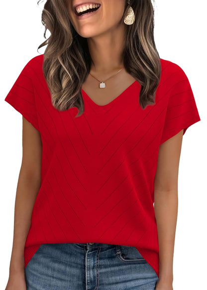 WIHOLL Short Sleeve Sweater for Women V Neck Trendy Summer Tops 2025 Beach Vacation Clothes Travel Business Casual Outfits - 7DAY'S
