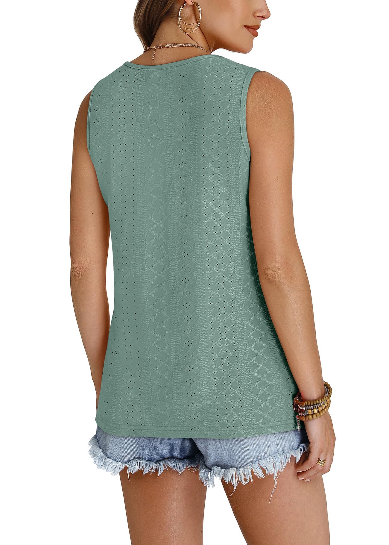 WIHOLL Tank Top for Women Summer Outfits V Neck T Shirts Trendy Eyelet Sleeveless Basic Beach Vacation Clothes - 7DAY'S