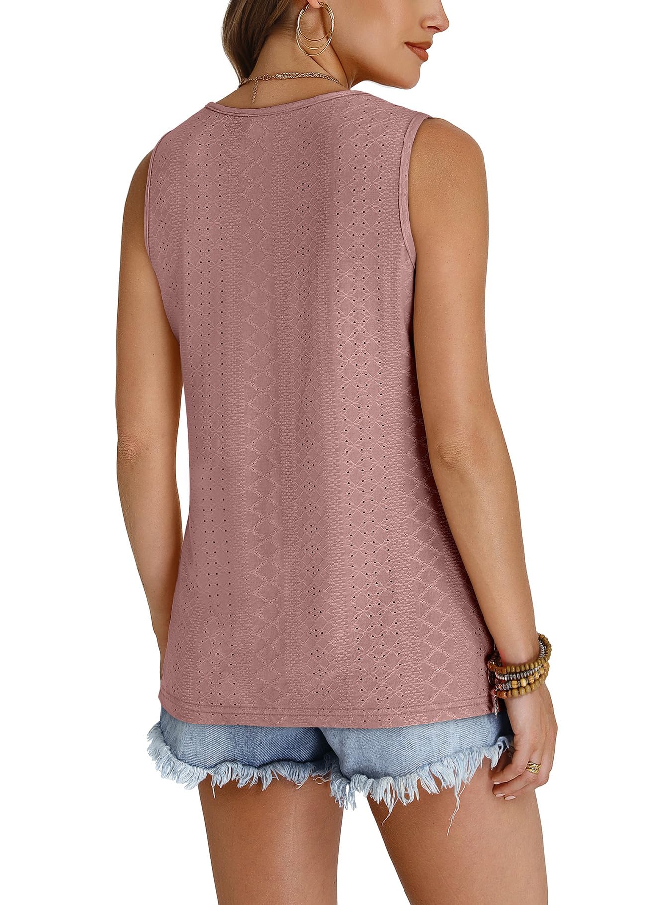 WIHOLL Tank Top for Women Summer Outfits V Neck T Shirts Trendy Eyelet Sleeveless Basic Beach Vacation Clothes - 7DAY'S