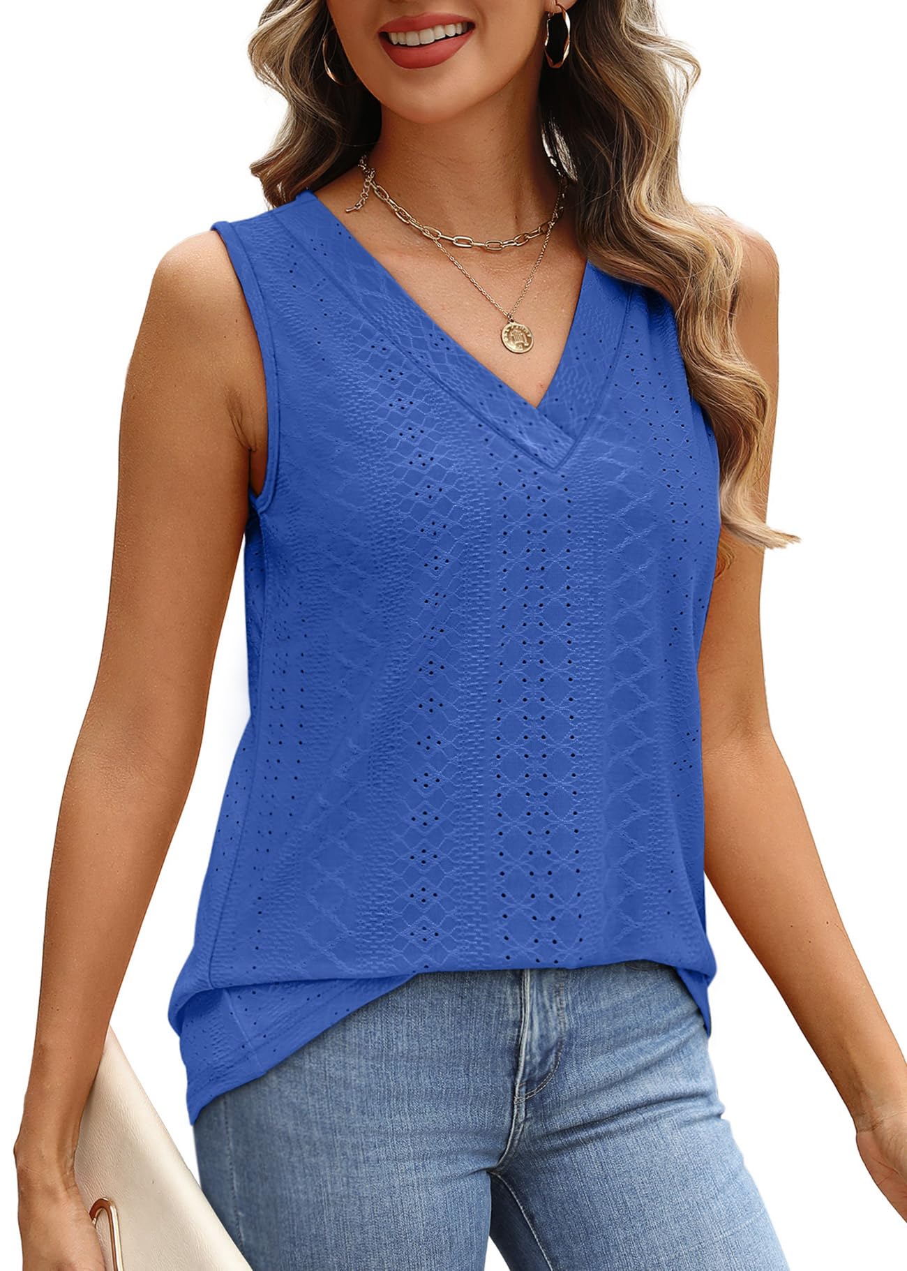 WIHOLL Tank Top for Women Summer Outfits V Neck T Shirts Trendy Eyelet Sleeveless Basic Beach Vacation Clothes - 7DAY'S