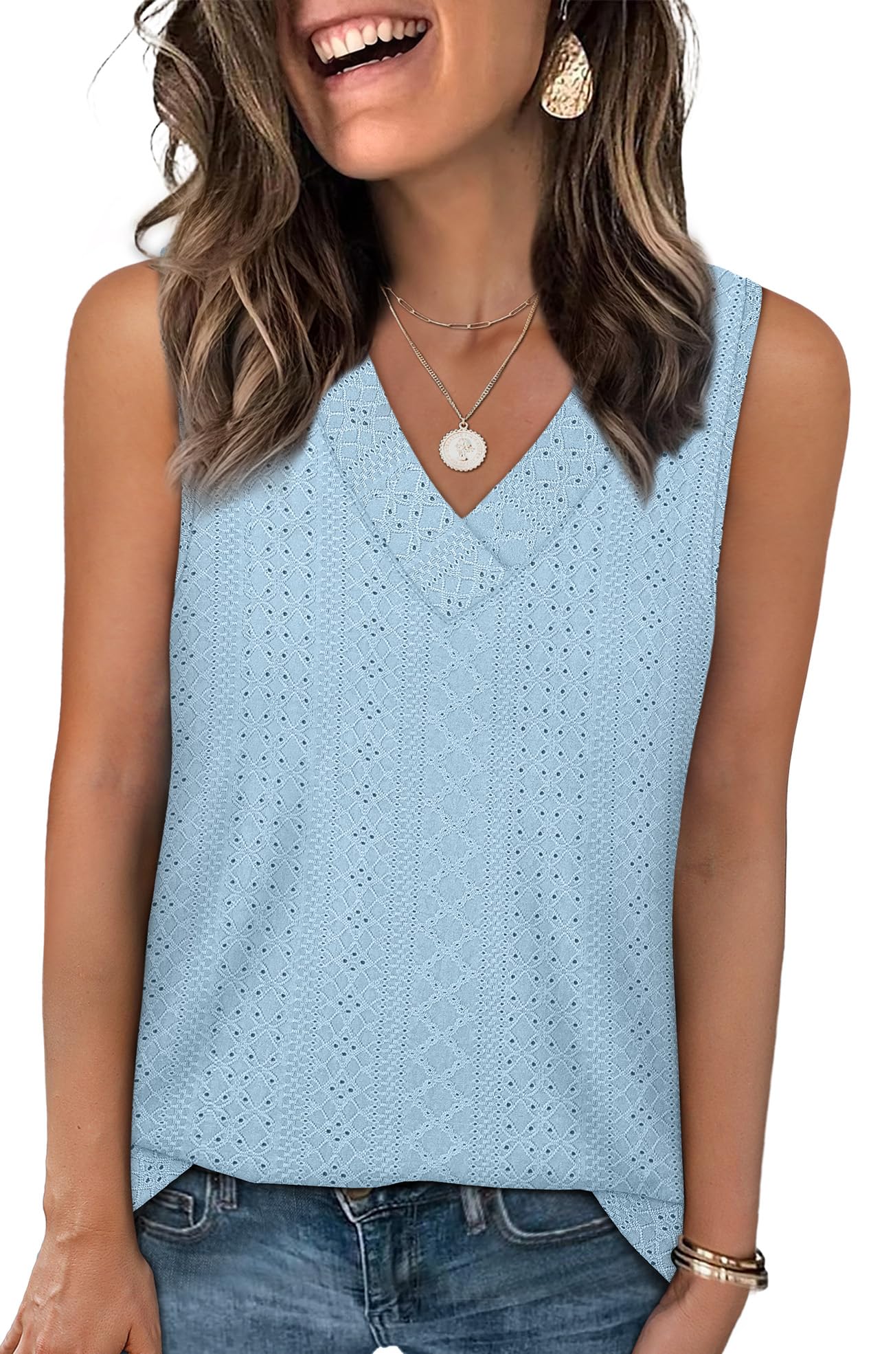 WIHOLL Tank Top for Women Summer Outfits V Neck T Shirts Trendy Eyelet Sleeveless Basic Beach Vacation Clothes - 7DAY'S