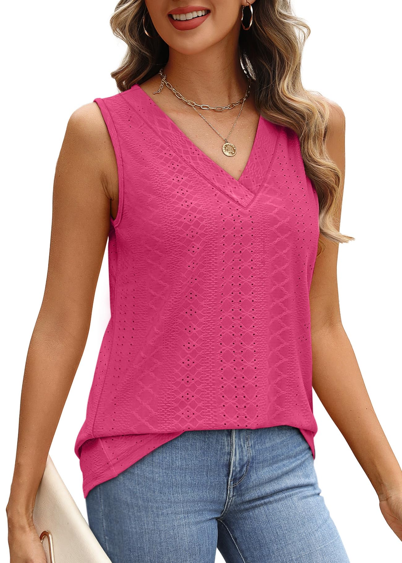 WIHOLL Tank Top for Women Summer Outfits V Neck T Shirts Trendy Eyelet Sleeveless Basic Beach Vacation Clothes - 7DAY'S