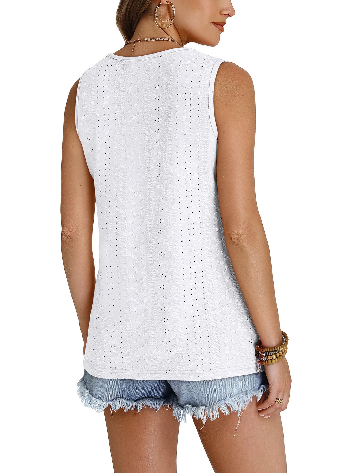 WIHOLL Tank Top for Women Summer Outfits V Neck T Shirts Trendy Eyelet Sleeveless Basic Beach Vacation Clothes - 7DAY'S