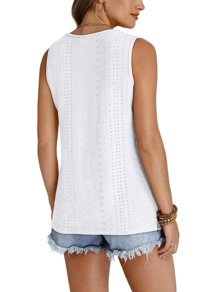 WIHOLL Tank Top for Women Summer Outfits V Neck T Shirts Trendy Eyelet Sleeveless Basic Beach Vacation Clothes - 7DAY'S