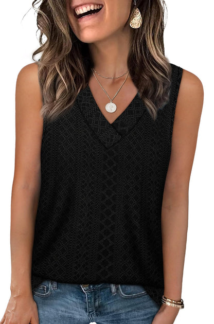 WIHOLL Tank Top for Women Summer Outfits V Neck T Shirts Trendy Eyelet Sleeveless Basic Beach Vacation Clothes - 7DAY'S