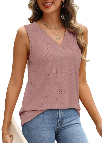 WIHOLL Tank Top for Women Summer Outfits V Neck T Shirts Trendy Eyelet Sleeveless Basic Beach Vacation Clothes - 7DAY'S