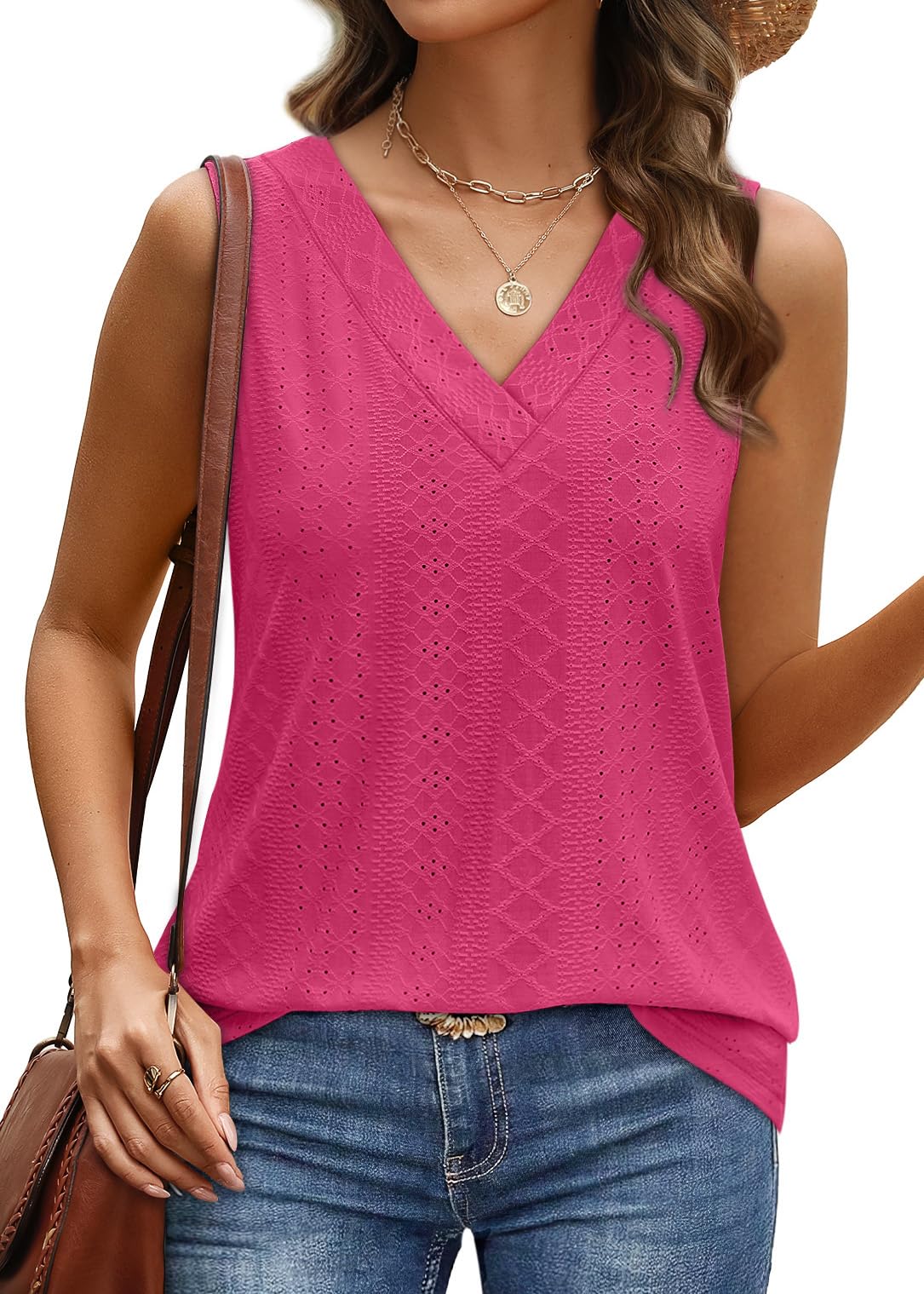 WIHOLL Tank Top for Women Summer Outfits V Neck T Shirts Trendy Eyelet Sleeveless Basic Beach Vacation Clothes - 7DAY'S