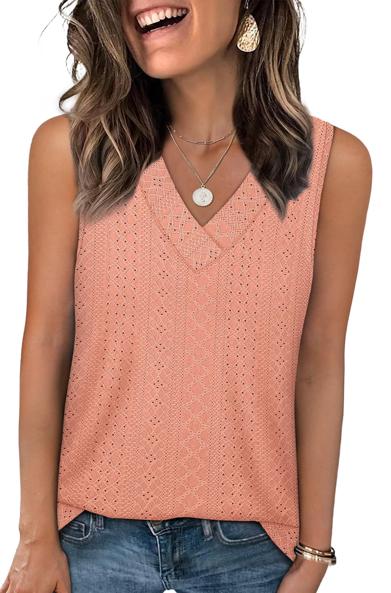 WIHOLL Tank Top for Women Summer Outfits V Neck T Shirts Trendy Eyelet Sleeveless Basic Beach Vacation Clothes - 7DAY'S