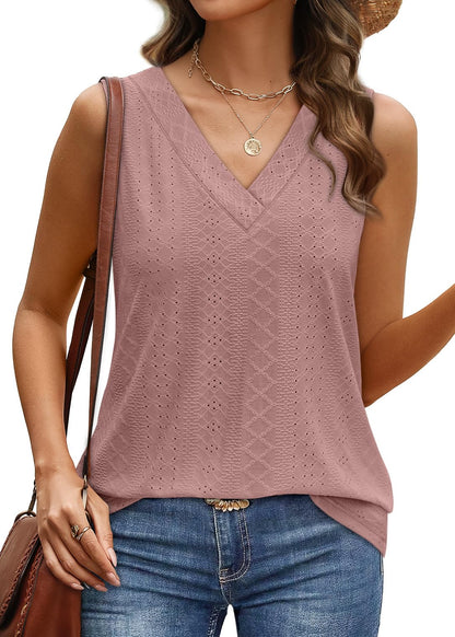 WIHOLL Tank Top for Women Summer Outfits V Neck T Shirts Trendy Eyelet Sleeveless Basic Beach Vacation Clothes - 7DAY'S