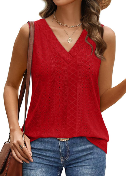WIHOLL Tank Top for Women Summer Outfits V Neck T Shirts Trendy Eyelet Sleeveless Basic Beach Vacation Clothes - 7DAY'S