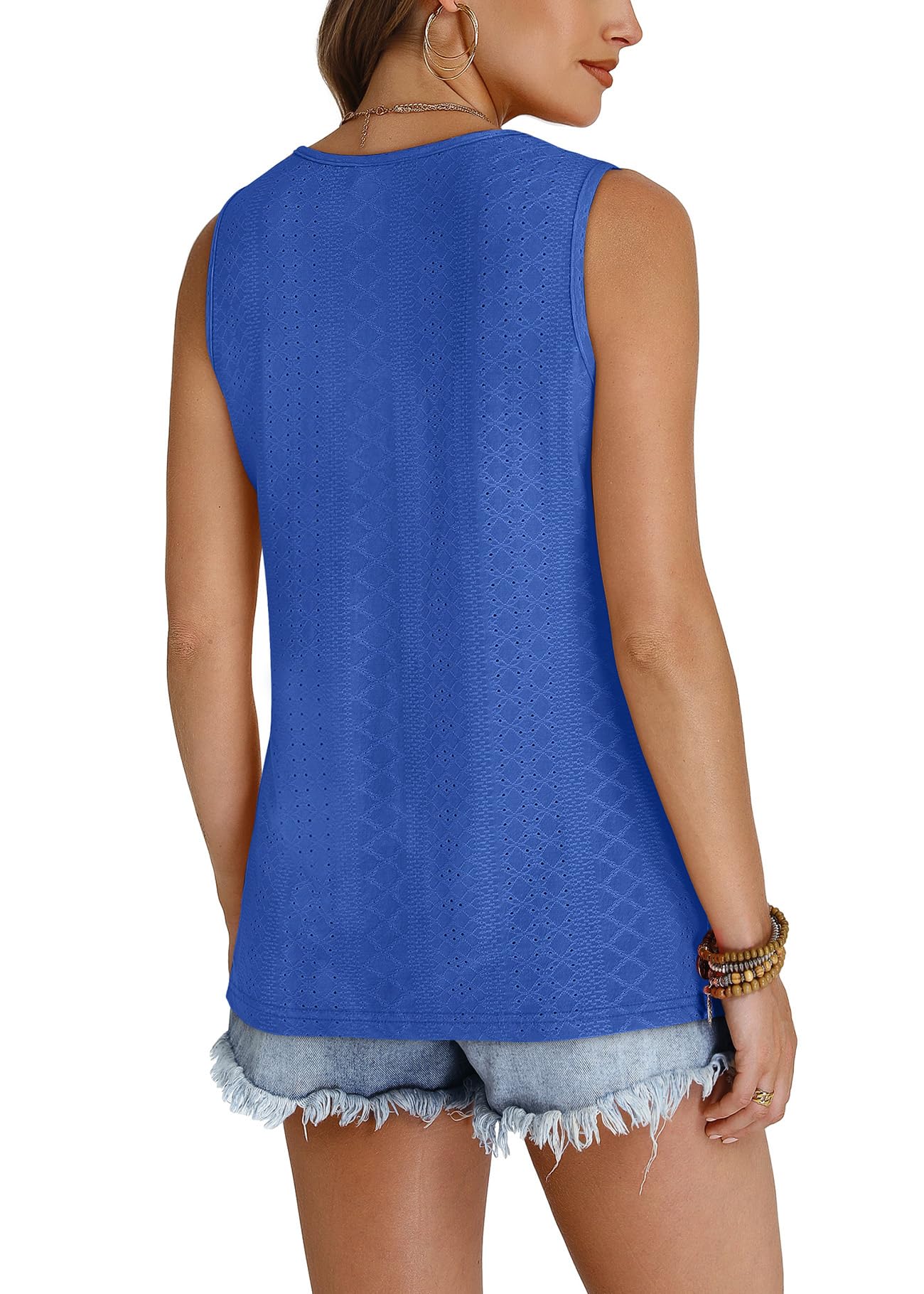 WIHOLL Tank Top for Women Summer Outfits V Neck T Shirts Trendy Eyelet Sleeveless Basic Beach Vacation Clothes - 7DAY'S