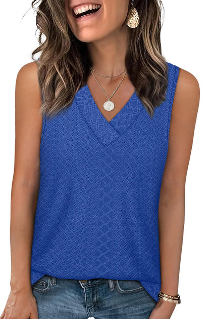 WIHOLL Tank Top for Women Summer Outfits V Neck T Shirts Trendy Eyelet Sleeveless Basic Beach Vacation Clothes - 7DAY'S