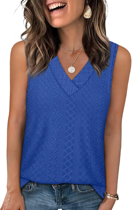 WIHOLL Tank Top for Women Summer Outfits V Neck T Shirts Trendy Eyelet Sleeveless Basic Beach Vacation Clothes - 7DAY'S