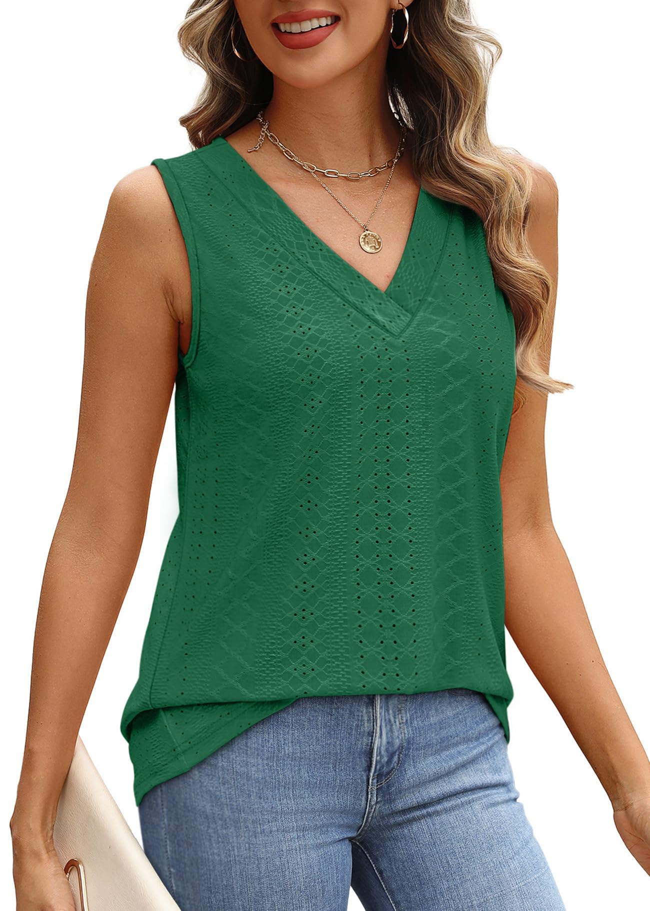 WIHOLL Tank Top for Women Summer Outfits V Neck T Shirts Trendy Eyelet Sleeveless Basic Beach Vacation Clothes - 7DAY'S