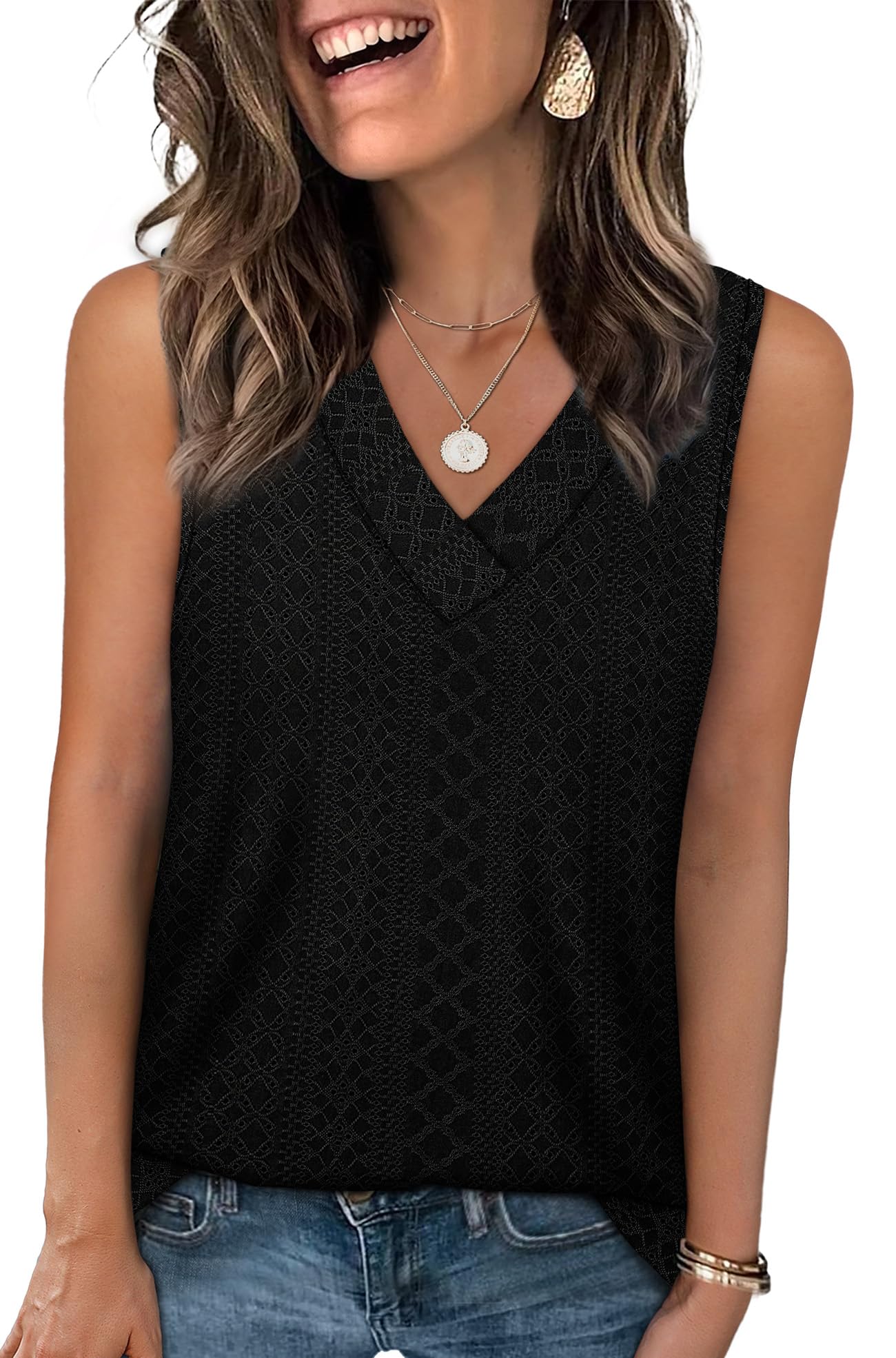 WIHOLL Tank Top for Women Summer Outfits V Neck T Shirts Trendy Eyelet Sleeveless Basic Beach Vacation Clothes - 7DAY'S