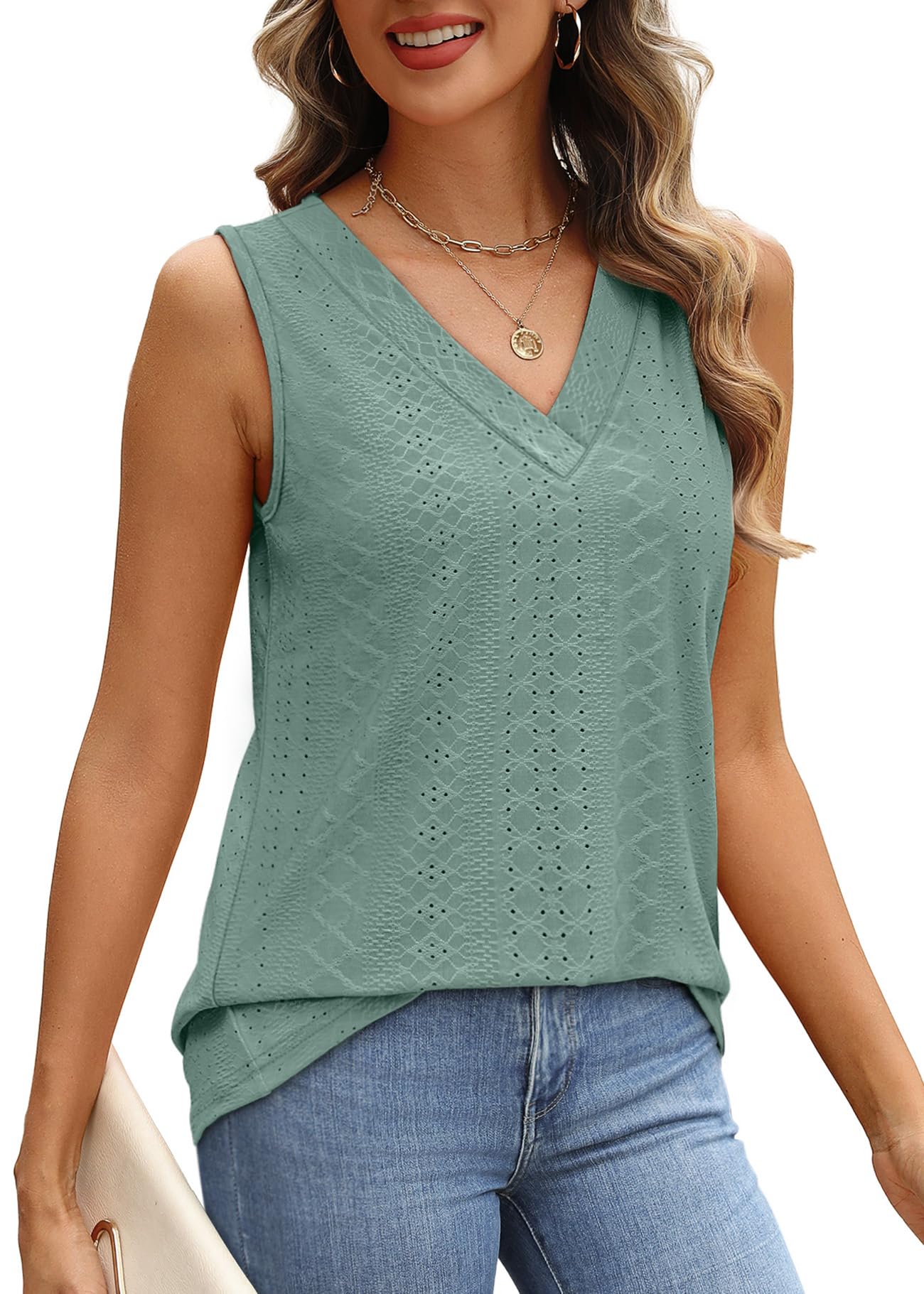 WIHOLL Tank Top for Women Summer Outfits V Neck T Shirts Trendy Eyelet Sleeveless Basic Beach Vacation Clothes - 7DAY'S