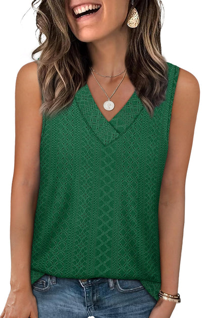 WIHOLL Tank Top for Women Summer Outfits V Neck T Shirts Trendy Eyelet Sleeveless Basic Beach Vacation Clothes - 7DAY'S