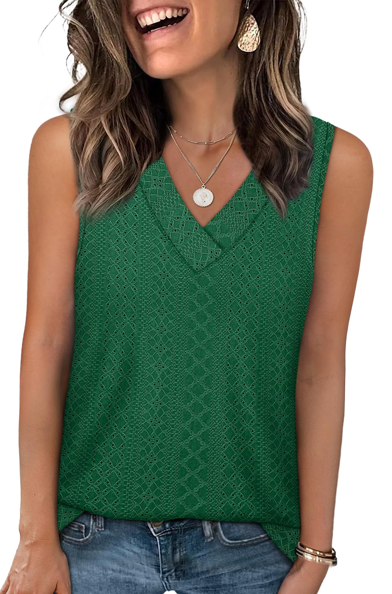 WIHOLL Tank Top for Women Summer Outfits V Neck T Shirts Trendy Eyelet Sleeveless Basic Beach Vacation Clothes - 7DAY'S