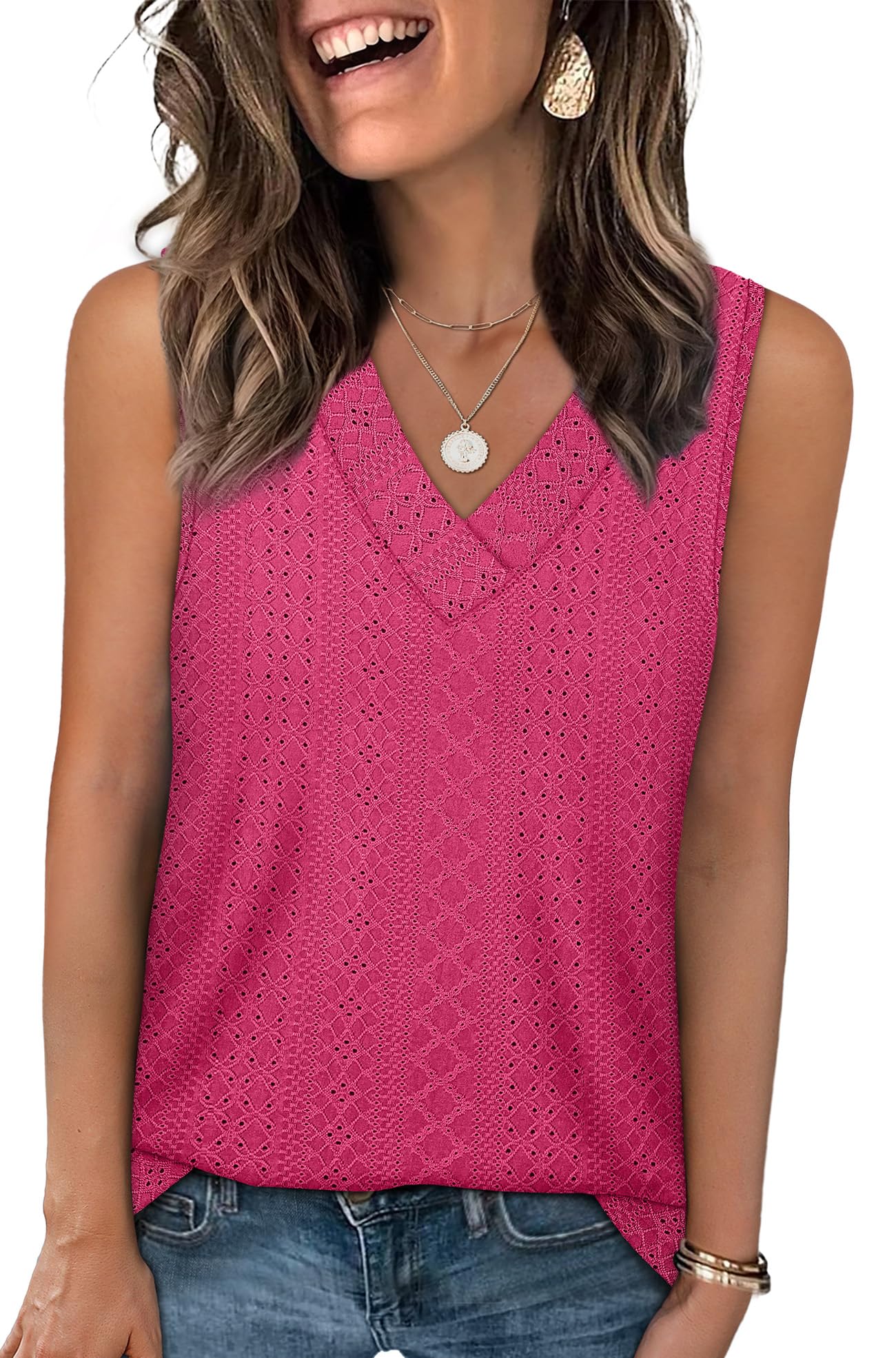WIHOLL Tank Top for Women Summer Outfits V Neck T Shirts Trendy Eyelet Sleeveless Basic Beach Vacation Clothes - 7DAY'S