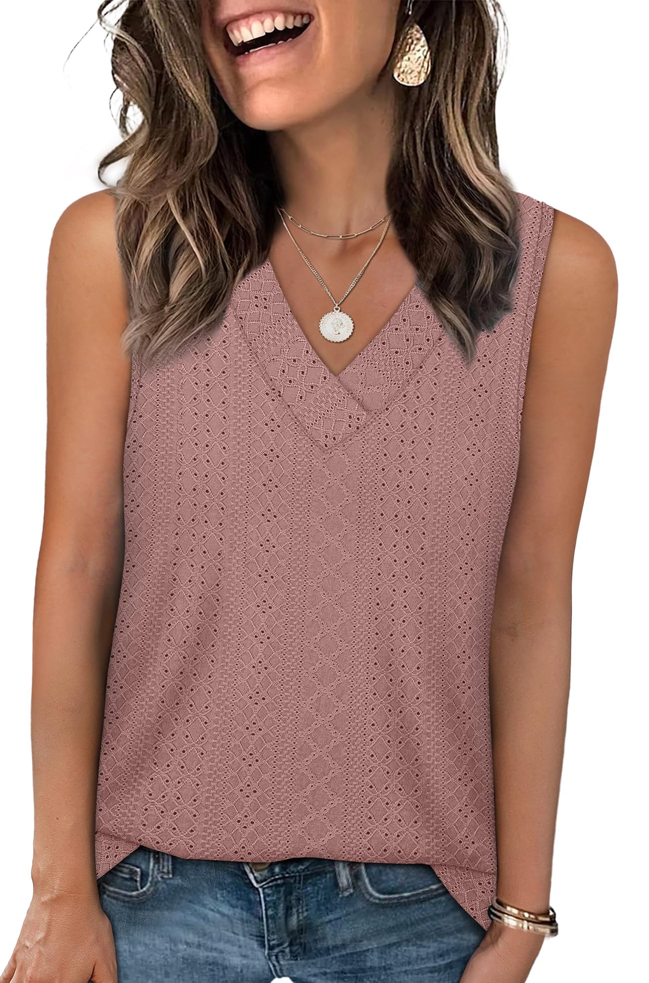 WIHOLL Tank Top for Women Summer Outfits V Neck T Shirts Trendy Eyelet Sleeveless Basic Beach Vacation Clothes - 7DAY'S