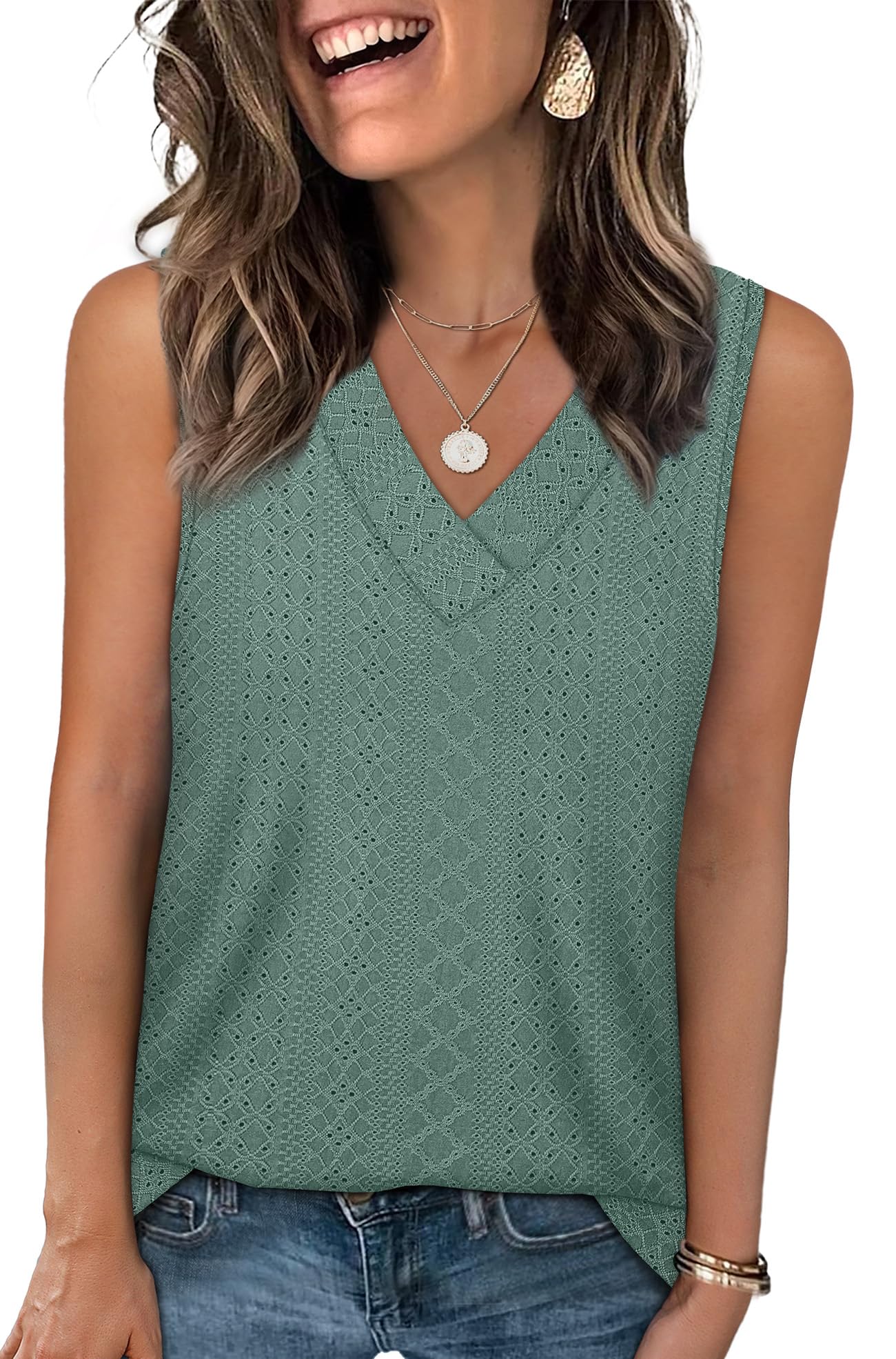 WIHOLL Tank Top for Women Summer Outfits V Neck T Shirts Trendy Eyelet Sleeveless Basic Beach Vacation Clothes - 7DAY'S