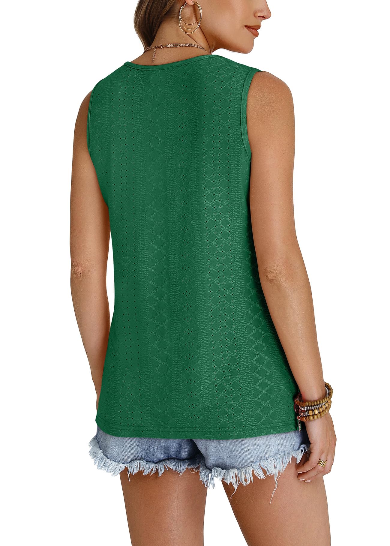 WIHOLL Tank Top for Women Summer Outfits V Neck T Shirts Trendy Eyelet Sleeveless Basic Beach Vacation Clothes - 7DAY'S