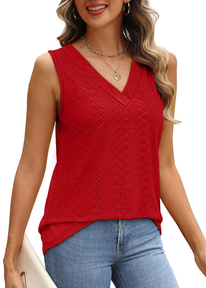 WIHOLL Tank Top for Women Summer Outfits V Neck T Shirts Trendy Eyelet Sleeveless Basic Beach Vacation Clothes - 7DAY'S