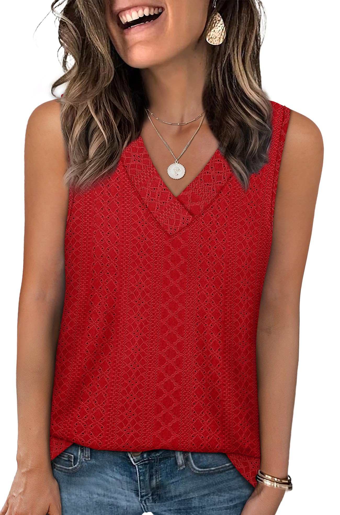 WIHOLL Tank Top for Women Summer Outfits V Neck T Shirts Trendy Eyelet Sleeveless Basic Beach Vacation Clothes - 7DAY'S