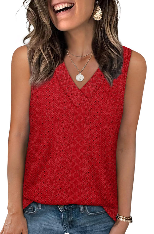 WIHOLL Tank Top for Women Summer Outfits V Neck T Shirts Trendy Eyelet Sleeveless Basic Beach Vacation Clothes - 7DAY'S