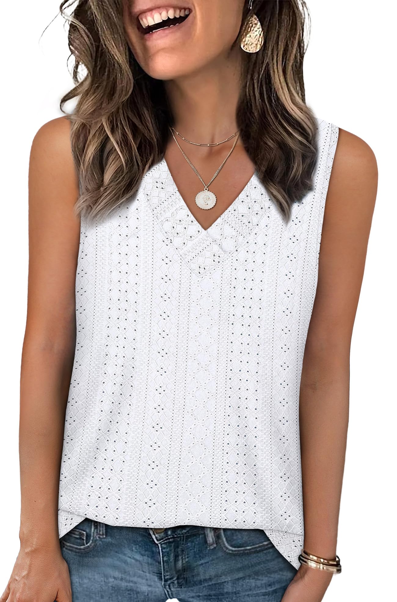 WIHOLL Tank Top for Women Summer Outfits V Neck T Shirts Trendy Eyelet Sleeveless Basic Beach Vacation Clothes - 7DAY'S