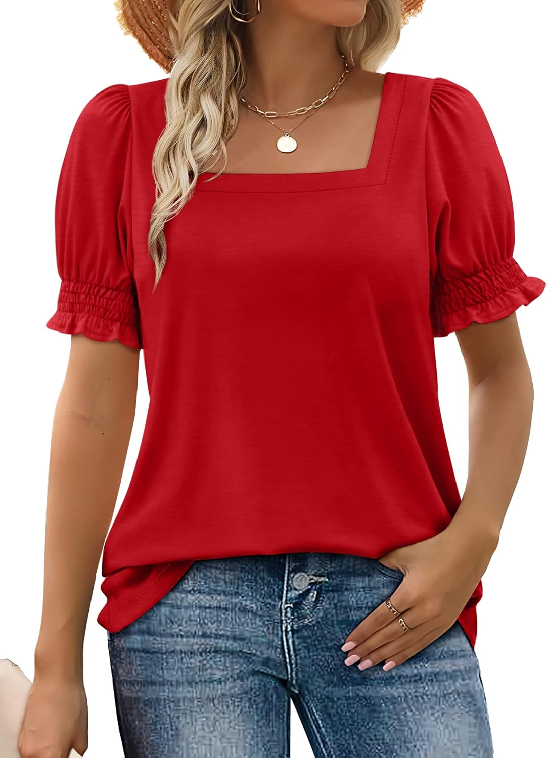 WIHOLL Tops for Women Summer Casual Ruffle Trim Sleeve Square Neck T Shirts - 7DAY'S