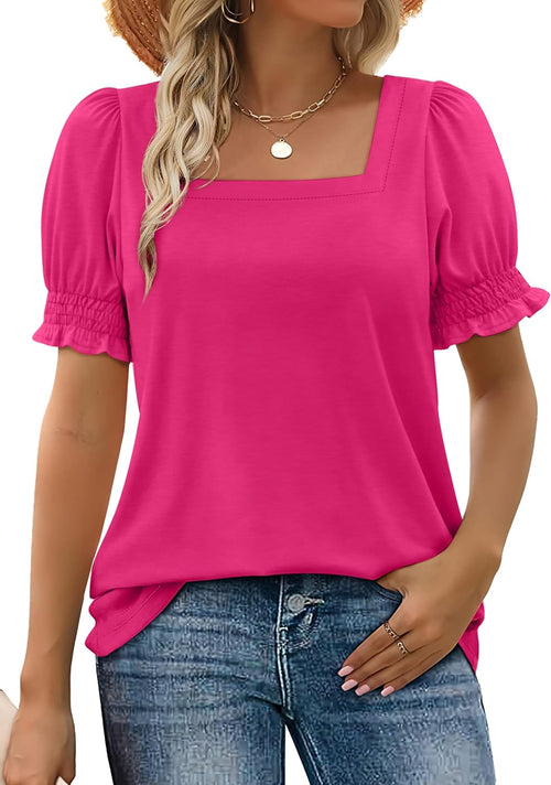 WIHOLL Tops for Women Summer Casual Ruffle Trim Sleeve Square Neck T Shirts - 7DAY'S