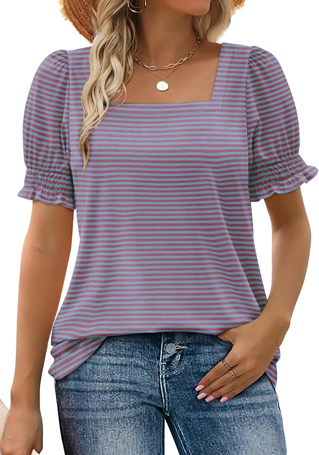 WIHOLL Tops for Women Summer Casual Ruffle Trim Sleeve Square Neck T Shirts - 7DAY'S