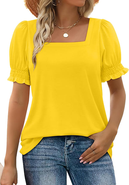WIHOLL Tops for Women Summer Casual Ruffle Trim Sleeve Square Neck T Shirts - 7DAY'S
